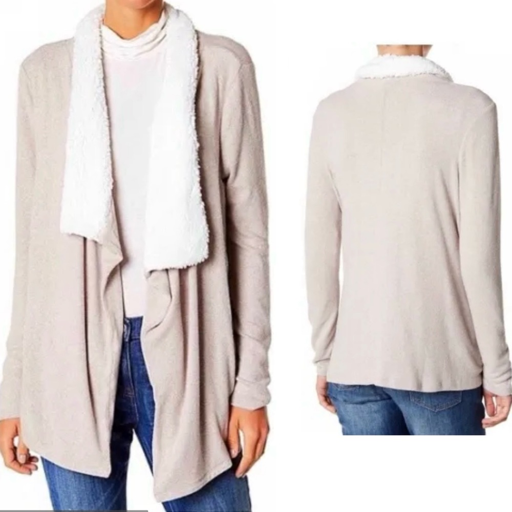 SUSINA Sherpa Fleece Cardigan Sweater Khaki Tan & Beige Cozy Draped Jacket